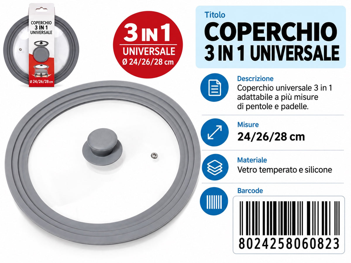 Coperchio Universale Kt2362d-3 Silicone+Vetro cm 24/26/28