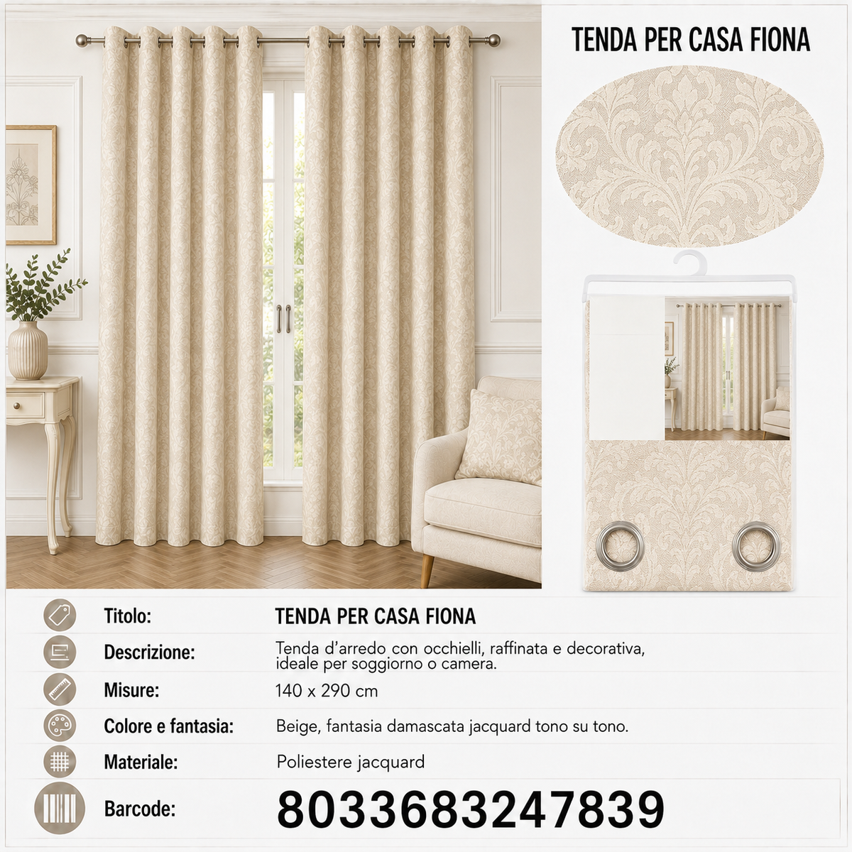 TENDA PER CASA FIONA 140X290CM BEIGE - 8033683247839