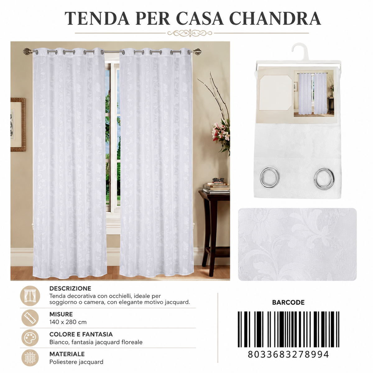 TENDA PER CASA CHANDRA 140*280CM BIANCO - 8033683278994