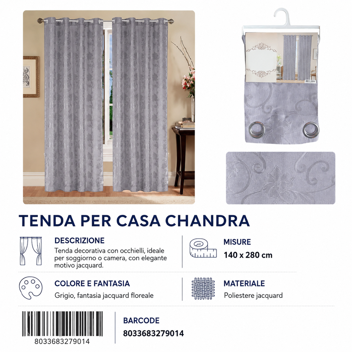 TENDA PER CASA CHANDRA 140*280CM GRIGIO - 8033683279014