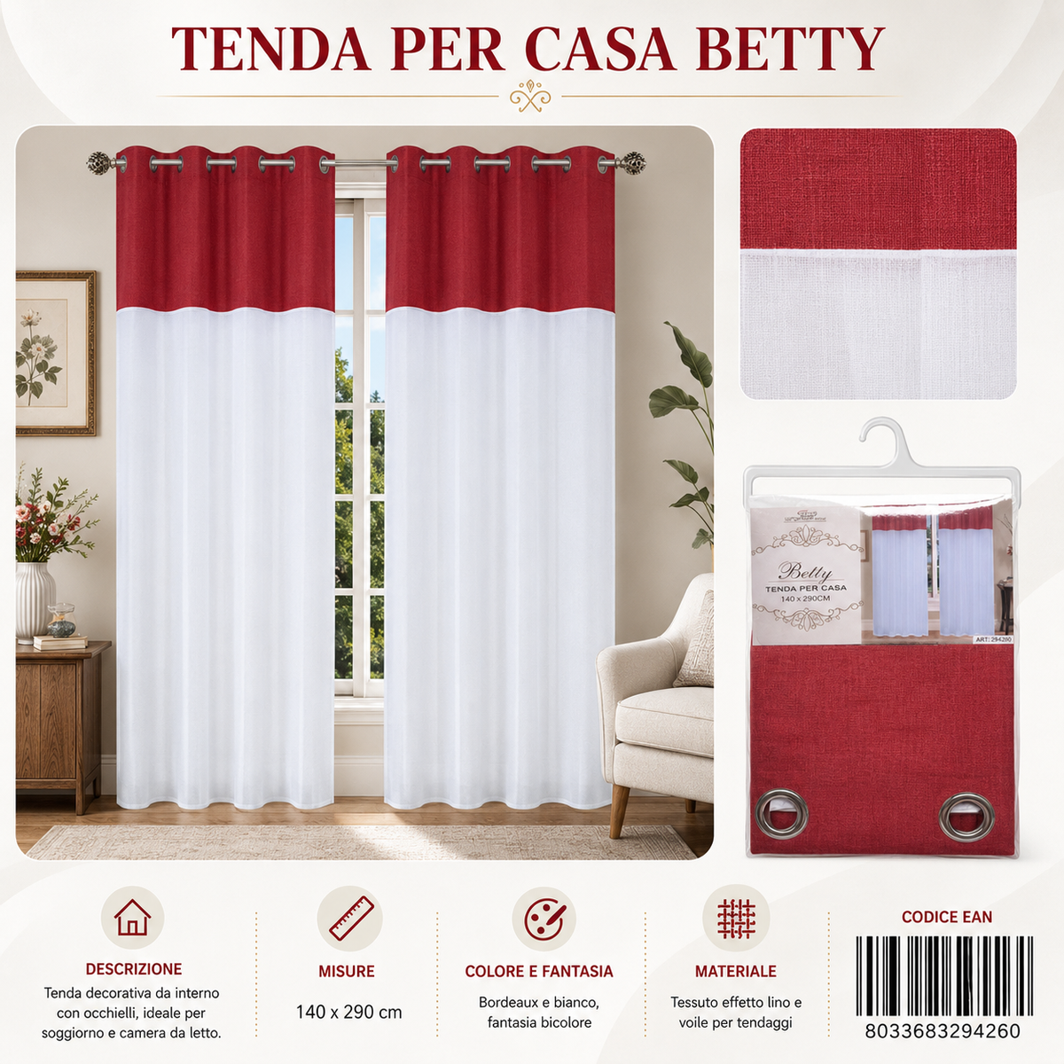 TENDA PER CASA BETTY 140*290CM ROSSO - 8033683294260