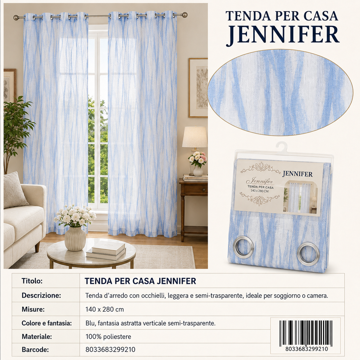 TENDA PER CASA JENNIFER 140*280CM BLU - 8033683299210