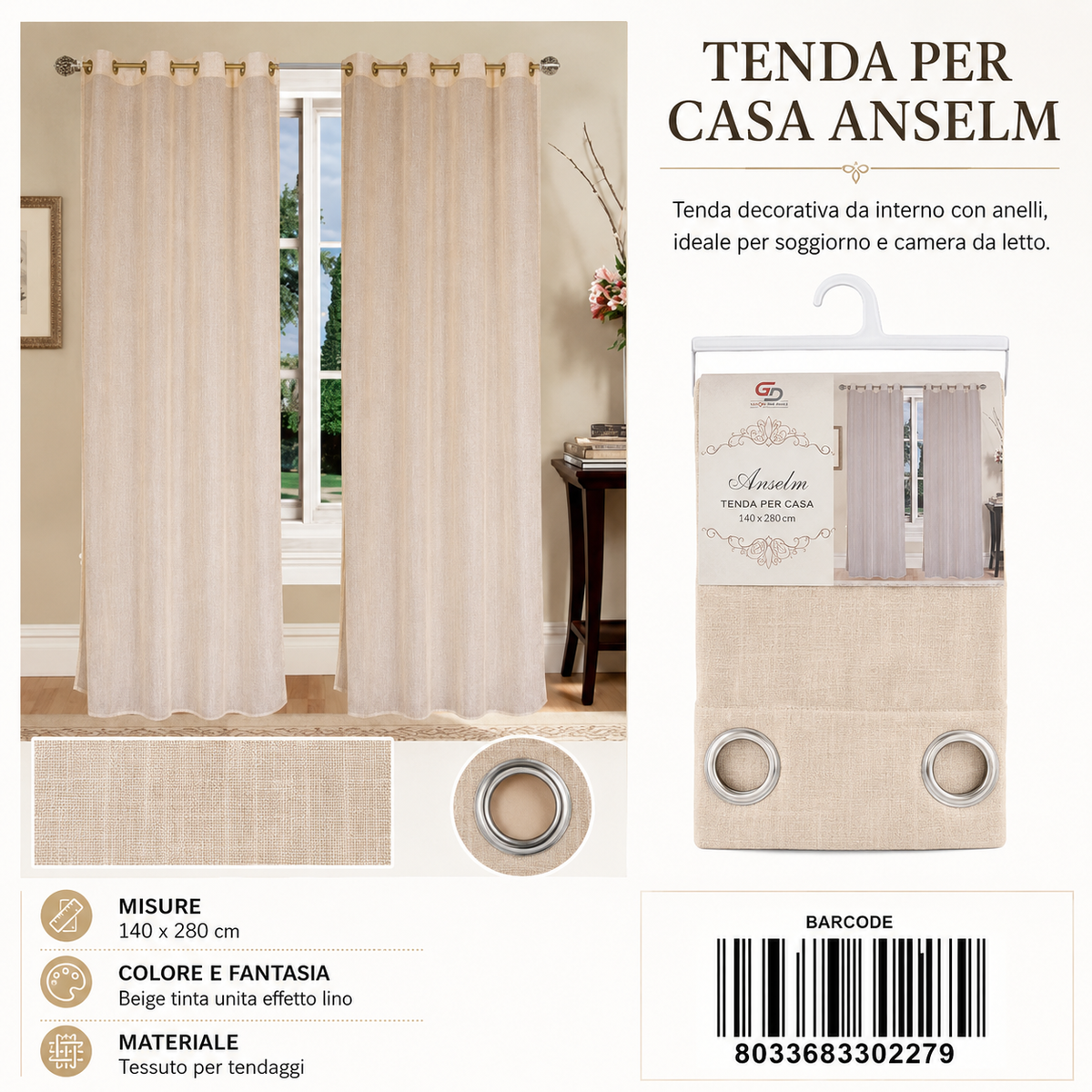 TENDA PER CASA ANSELM 140*280CM BEIGE - 8033683302279