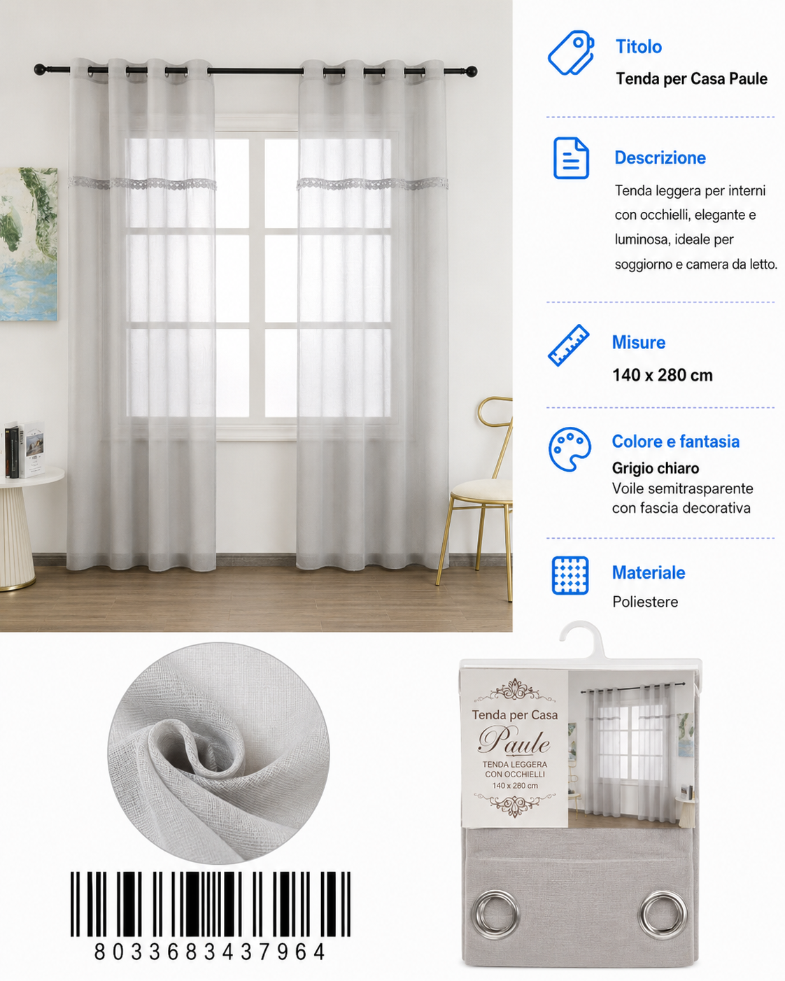 TENDA PER CASA PAULE 140*280CM - 8033683437964