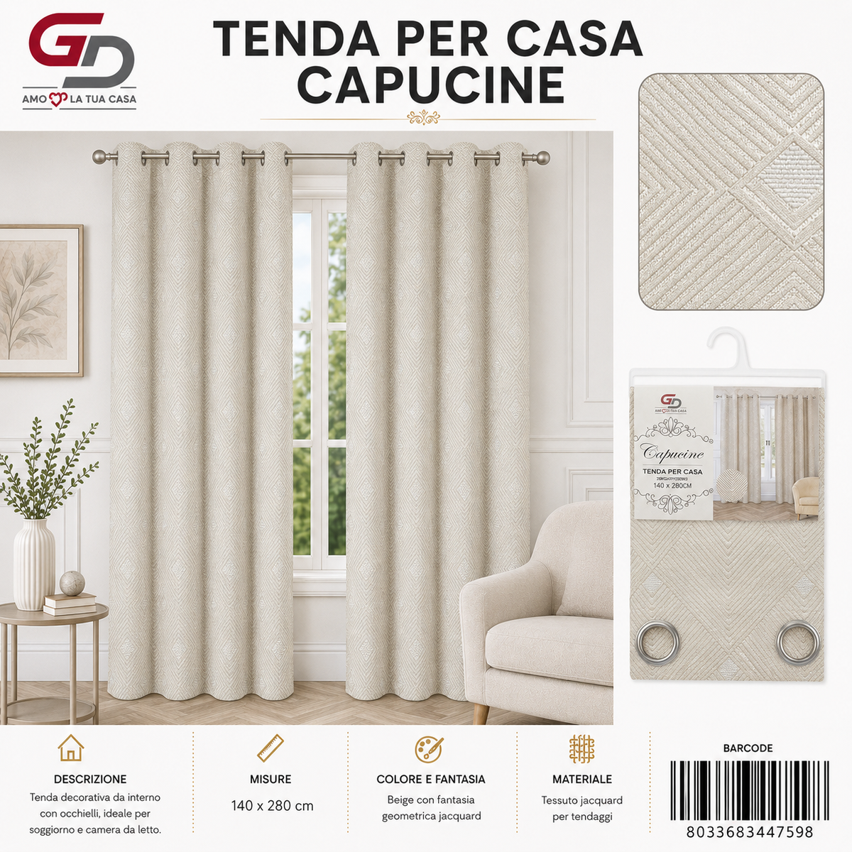 TENDA PER CASA CAPUCINE 140*280CM - 8033683447598