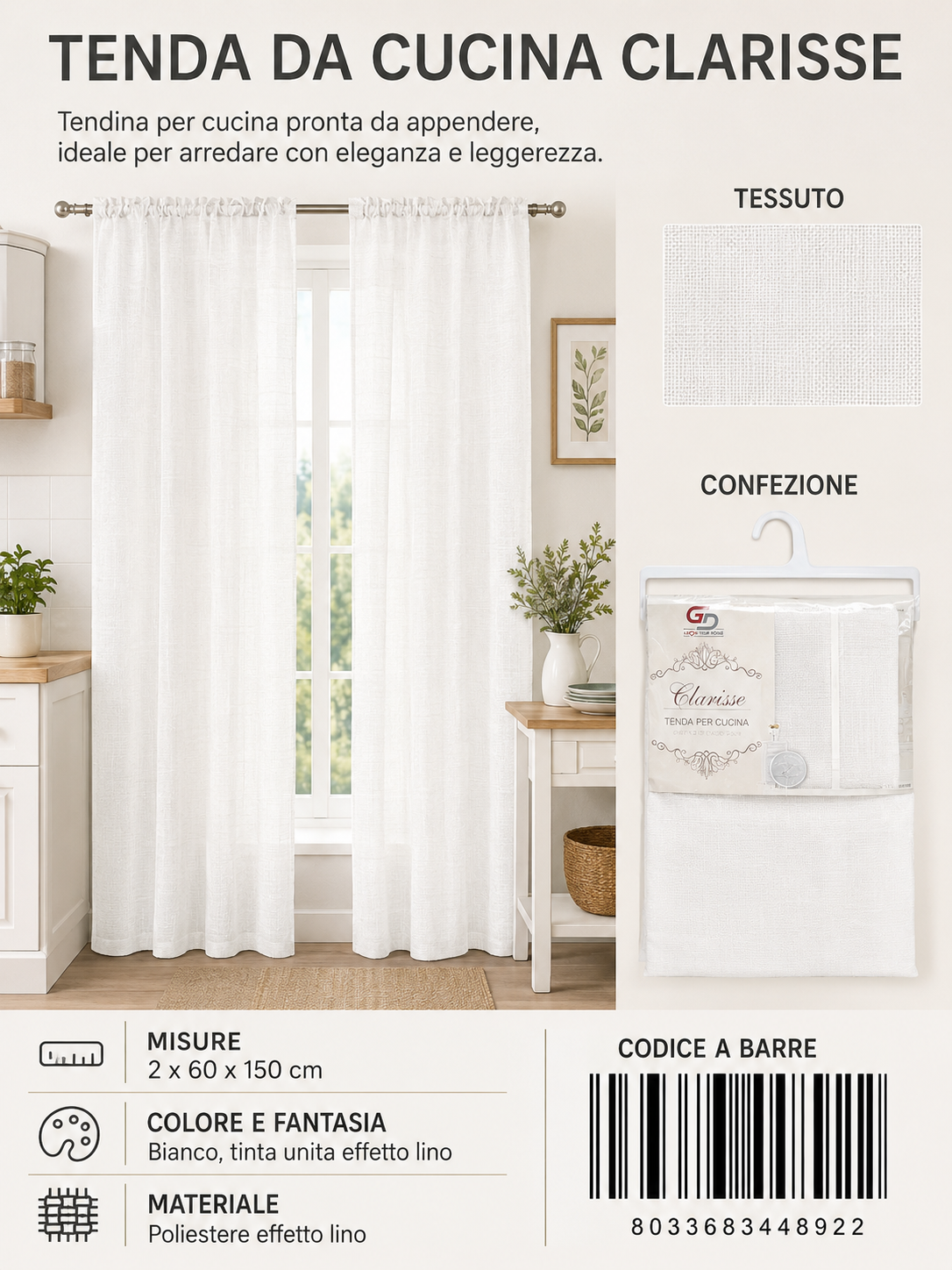 TENDA DA CUCINA CLARISSE 2*60*150CM - 8033683448922