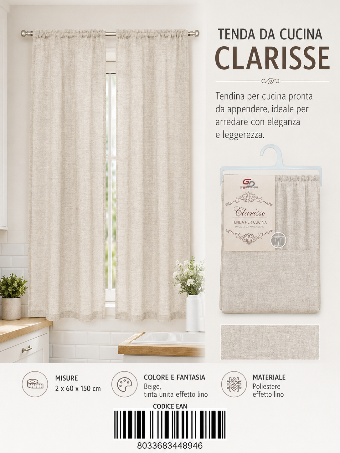 TENDA DA CUCINA CLARISSE 2*60*150CM 2*60*150CM - 8033683448946