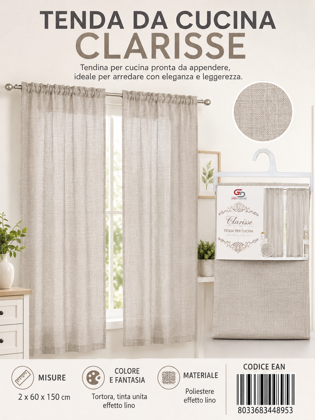 TENDA DA CUCINA CLARISSE 2*60*150CM 2*60*150CM - 8033683448953