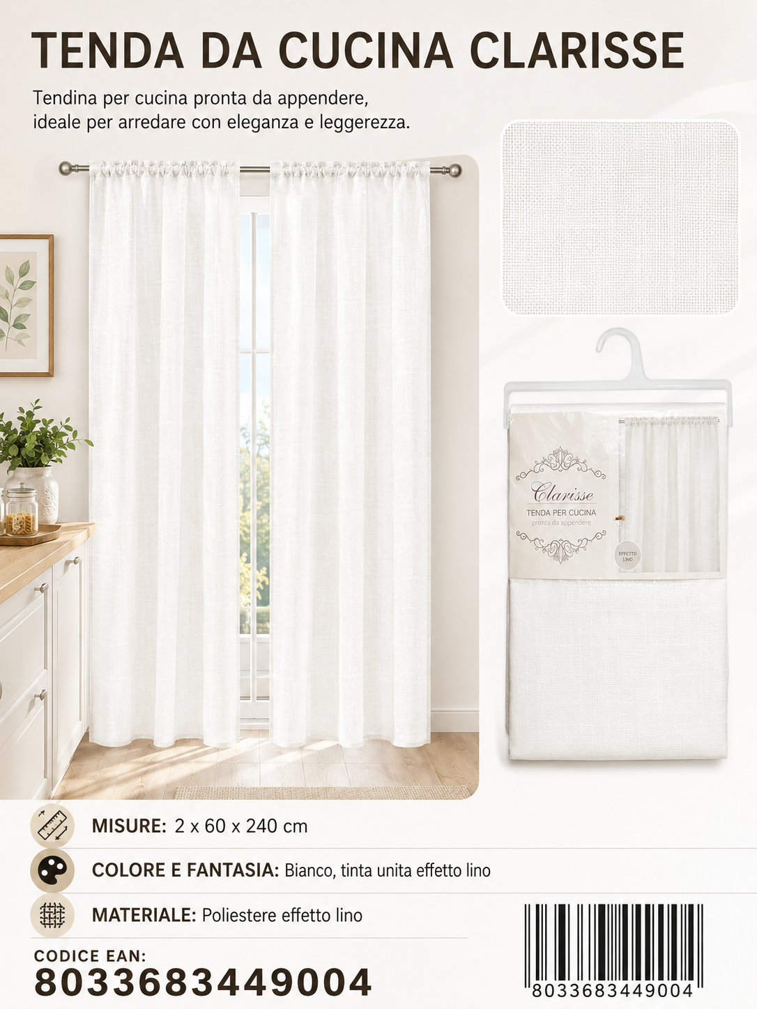 TENDA DA CUCINA CLARISSE 2*60*240CM 2*60*240CM - 8033683449004