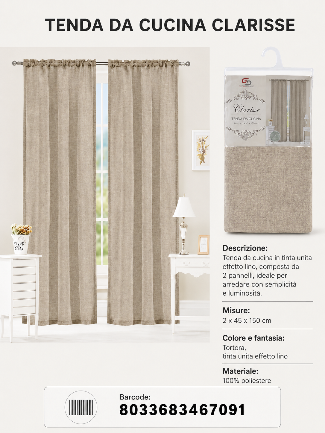 TENDA DA CUCINA CLARISSE 2*45*150CM - 8033683467091