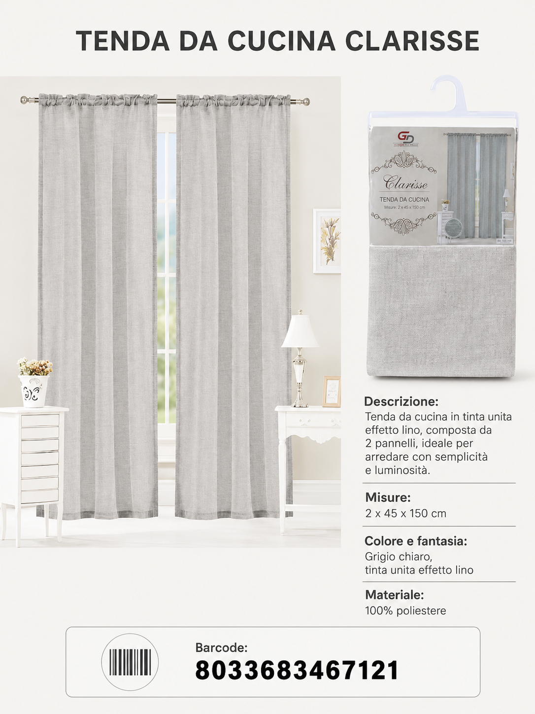 TENDA DA CUCINA CLARISSE 2*45*150CM - 8033683467121