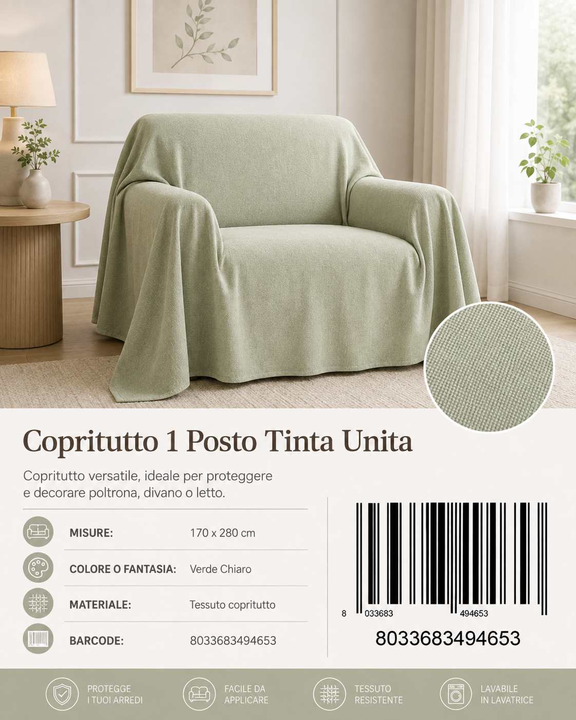 Copritutto 1P T.U. 170 X 280 Cm Verde Chiaro Copritutto - 8033683494653