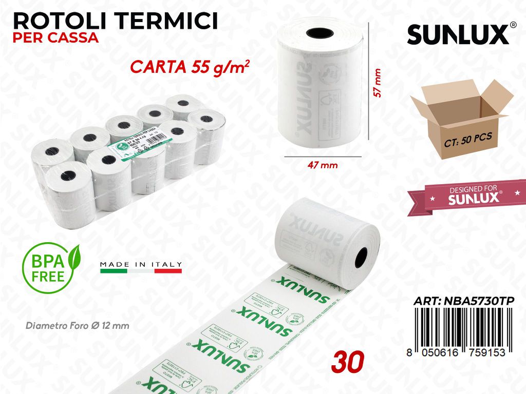 Rotoli Termici per Cassa 57/30/12 47*57MM 30' 55G