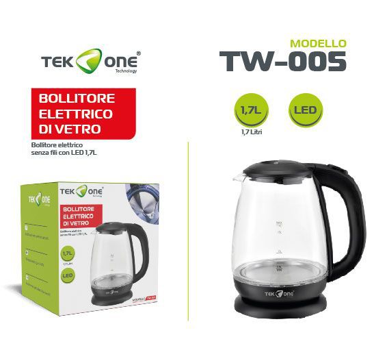 Bollitore Elettrico Di Vetro Senza Fili Con Led 1.7L