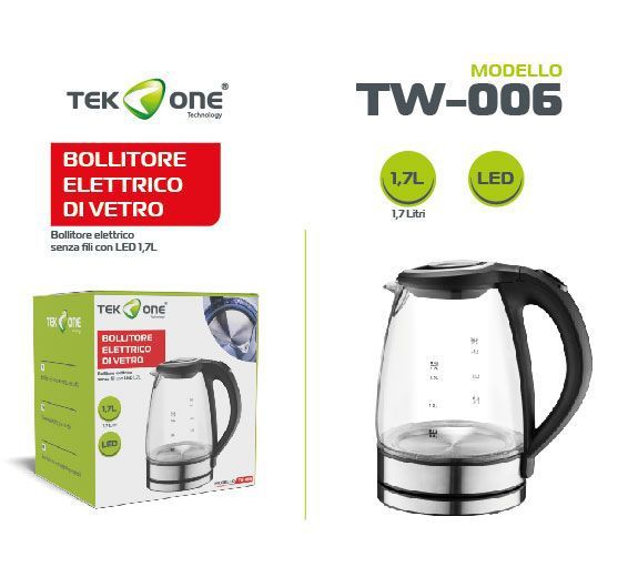 Bollitore Elettrico Di Vetro Senza Fili Con Led 1.7L TW-006