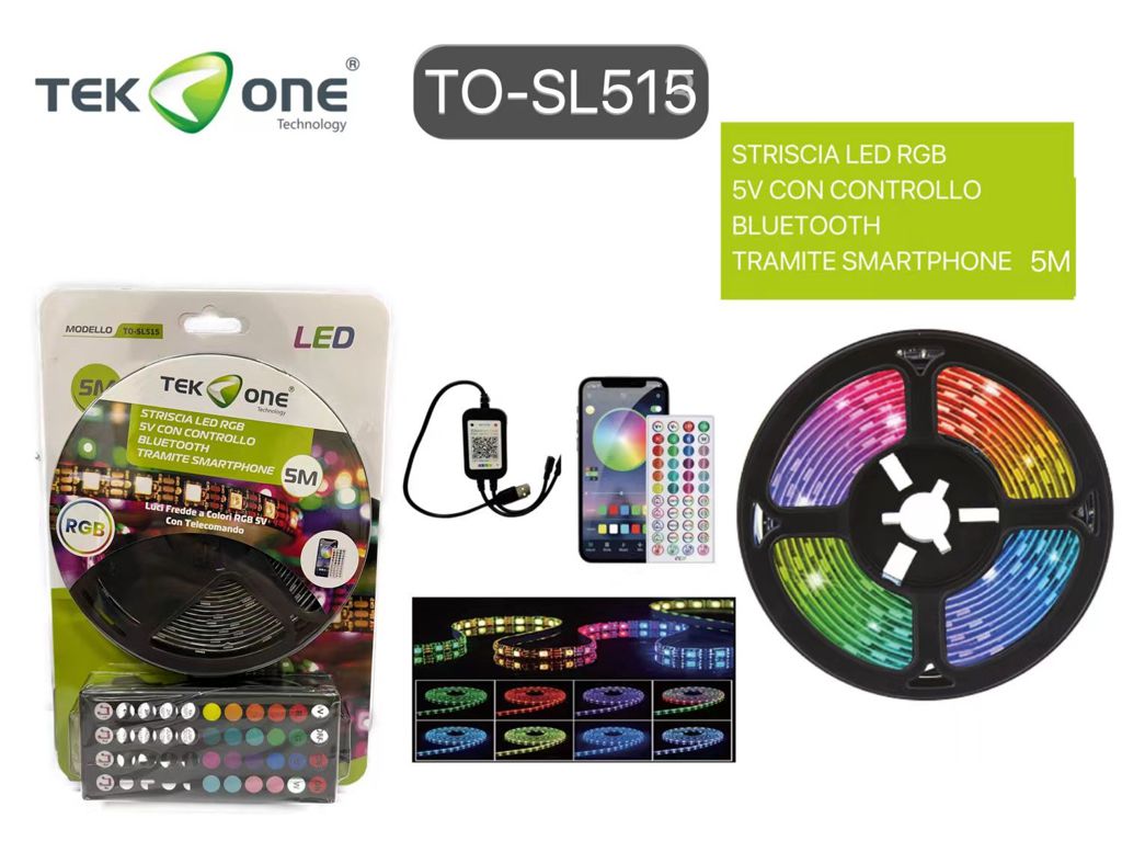 Striscia Led Rgb 5V Con Controllo Bluetooth Tramite Smartphone 5M