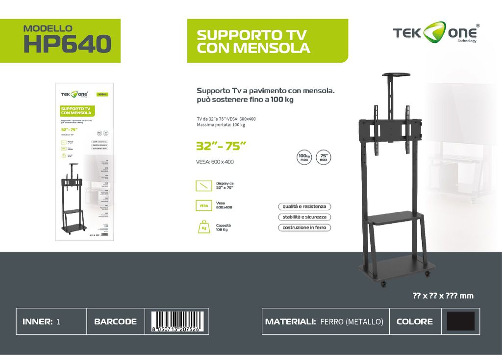Supporto Tv A Pavimento Con Mensola 32-75'' Max Portata 100KG