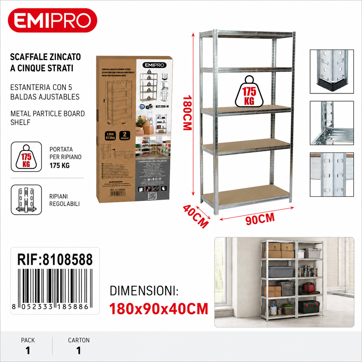 Scaffale Zincati a Cinque Strati 180*90*40cm