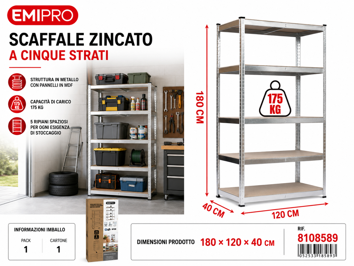 Scaffale Zincati a Cinque Strati 180*120*40cm