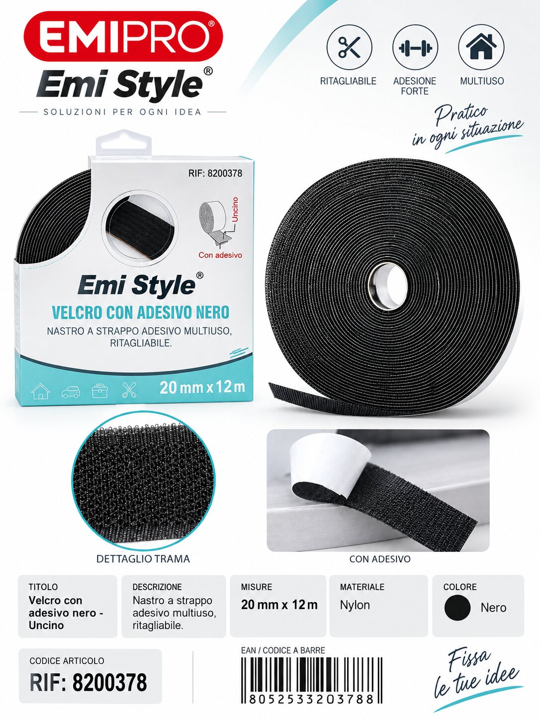 velcro Con Adesive Nero 2.0cm*12M