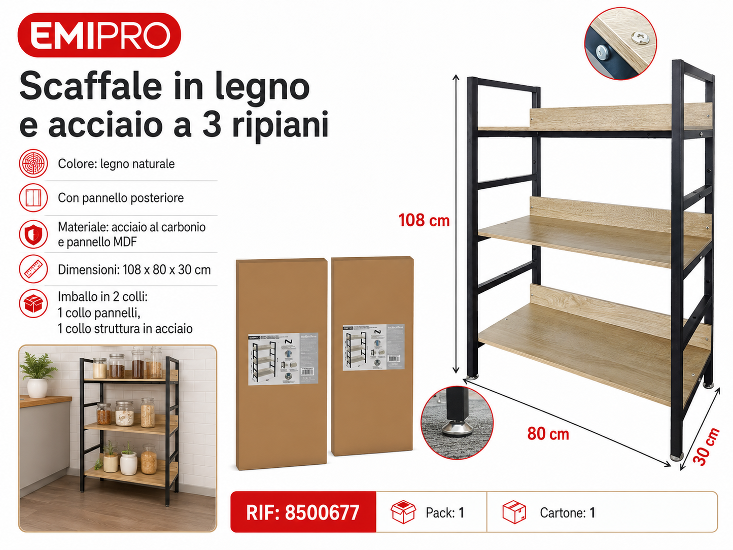 Scaffale in Legno e Acciaio a 3 Strati 80*30*108cm