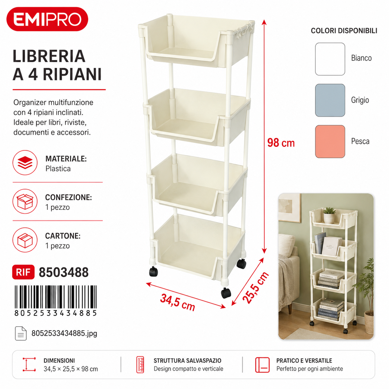 Libreria a 4 Ripiani 34.5*25.5*98cm