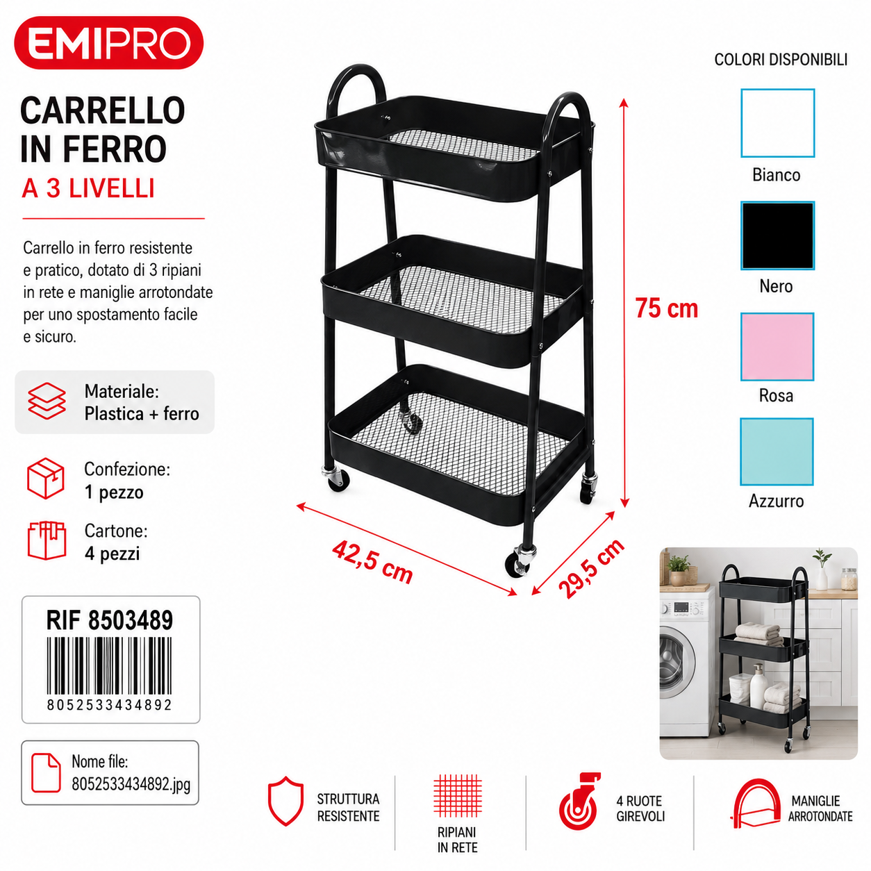 Carrello in Ferro a 3 Livelli 42.5*29.5*75cm