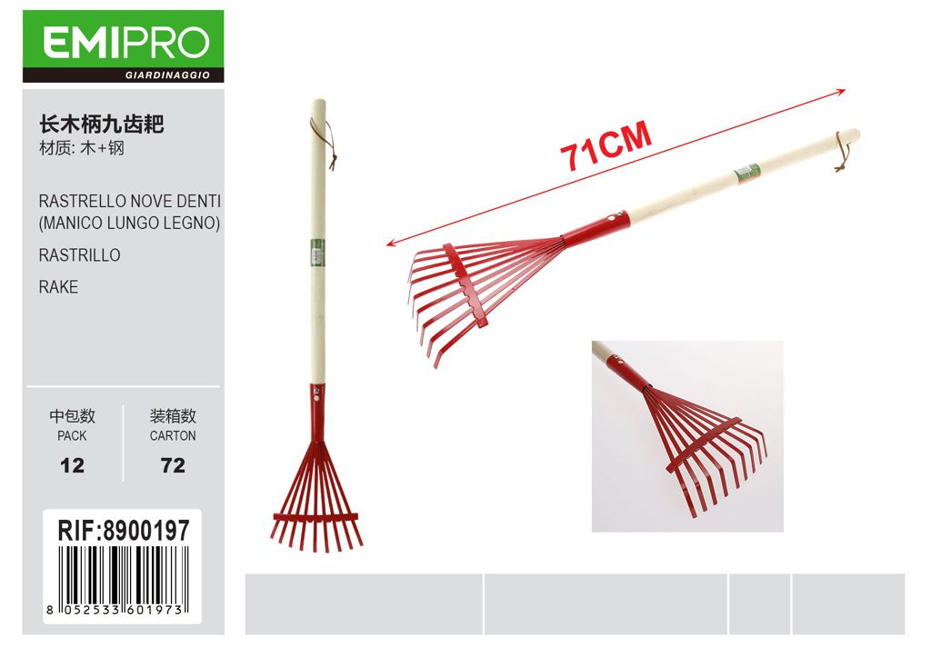 RASTRELLO NOVE DENTI MANICO LUNGO LEGNO
