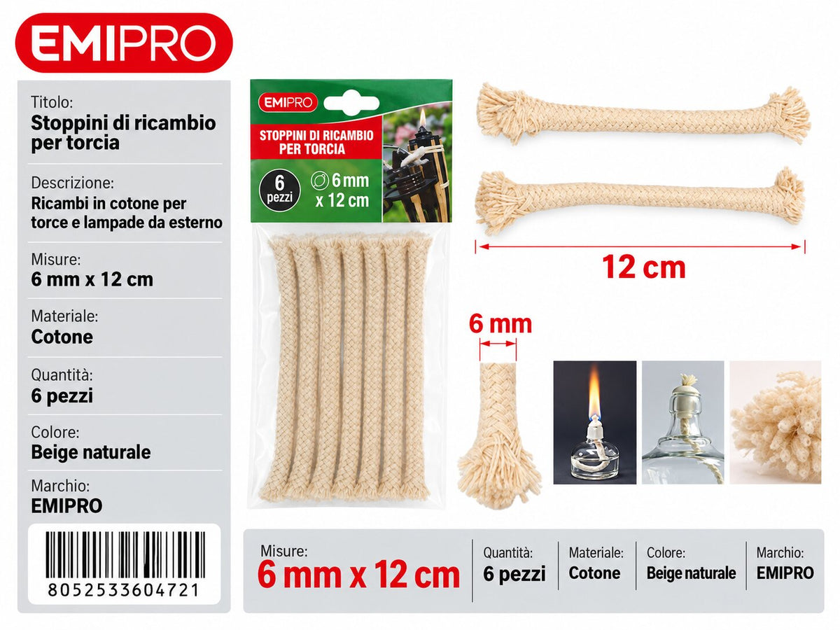 STOPPINI DI RICAMBIO PER TORCIA 6MM*12CM 6PCS