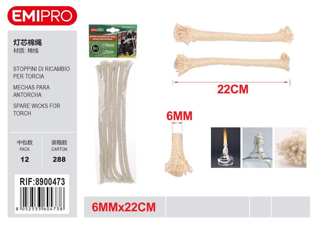 STOPPINI DI RICAMBIO PER TORCIA 6MM*22CM 6PCS