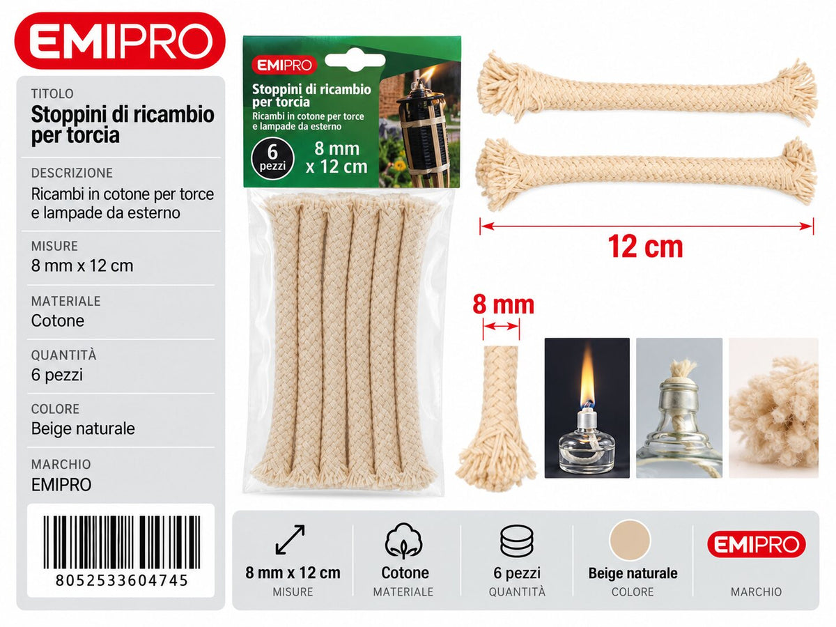 STOPPINI DI RICAMBIO PER TORCIA 8MM*12M 6PCS