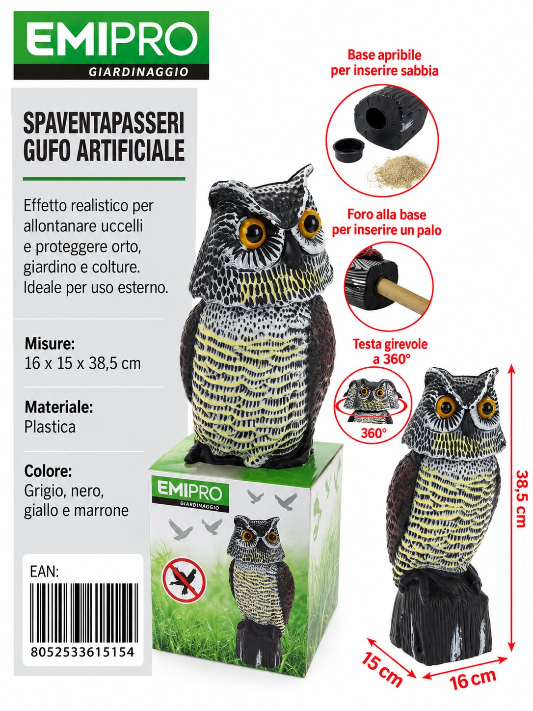SPAVENTAPASSERI GUFO ARTIFICIALE 16*15*38.5CM