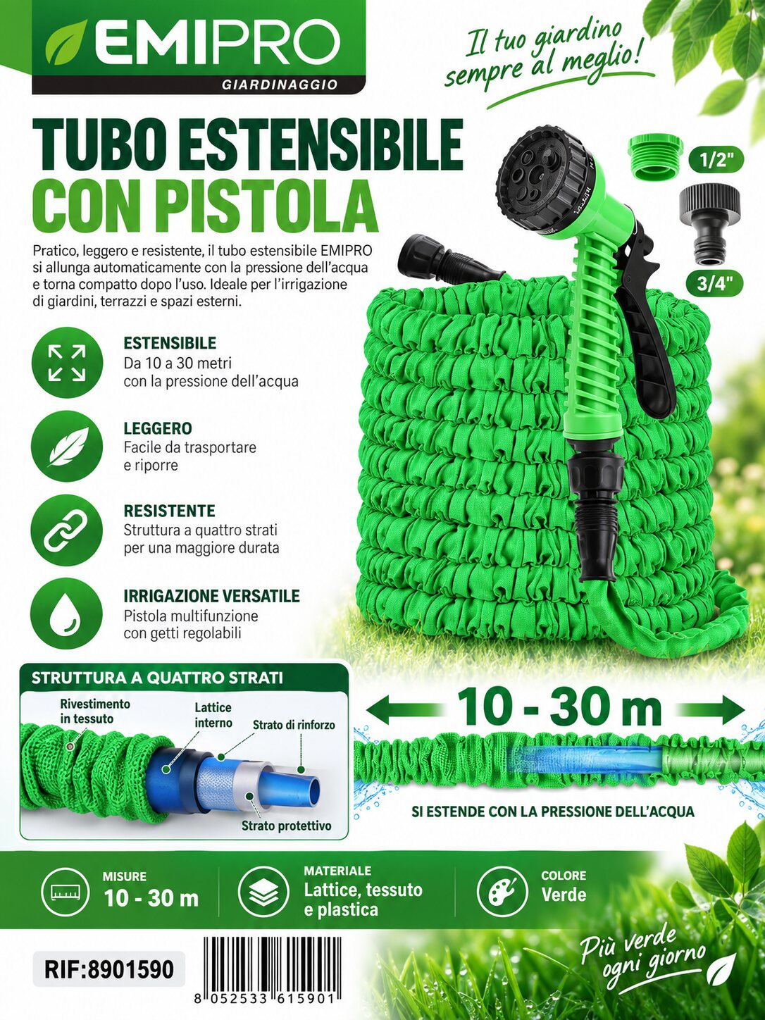 TUBO ESTENSIBILE CON PISTOLA 10-30M