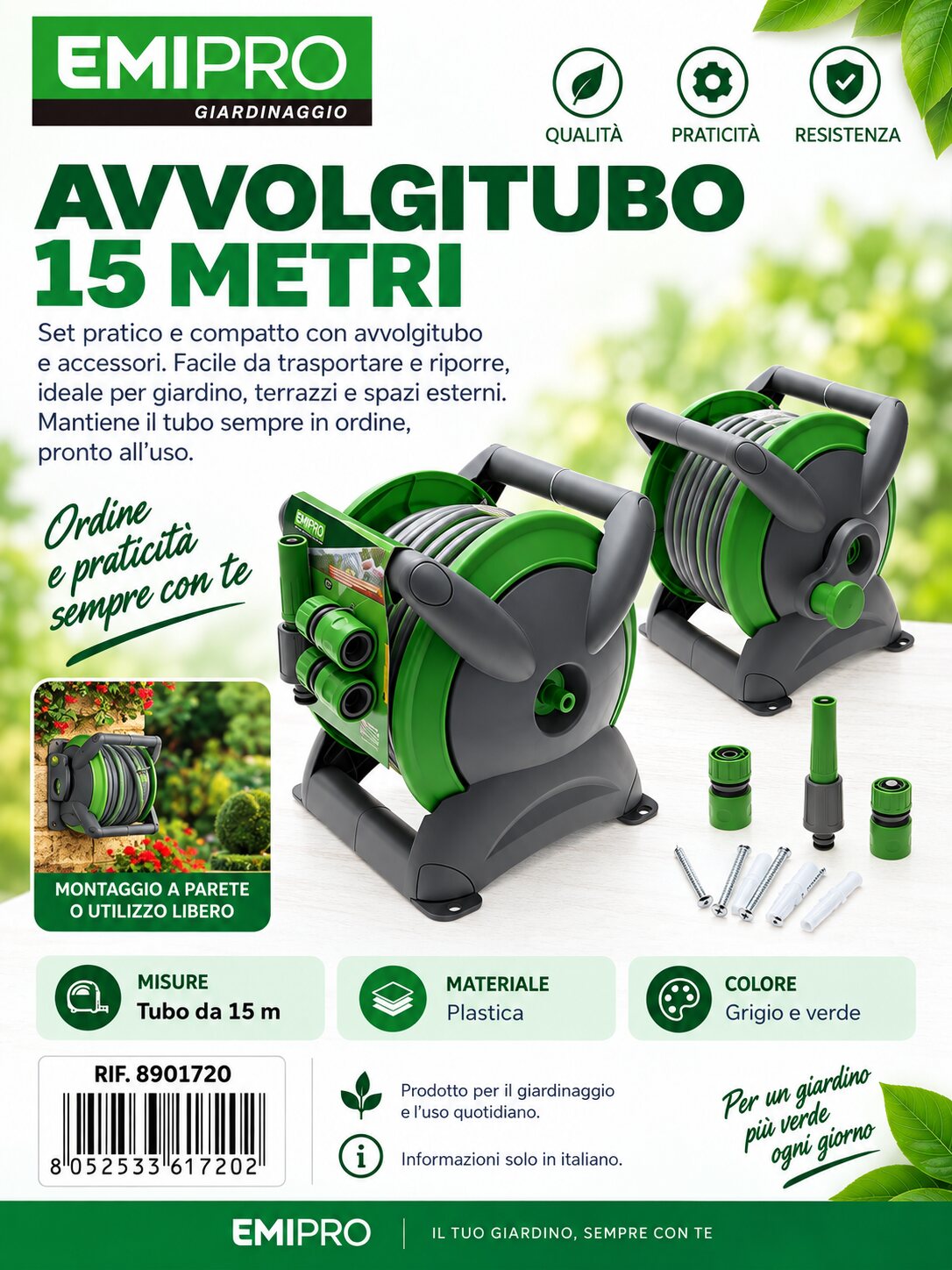 SET AVVOLGITUBO DA PARETE E CON SUPPORTO LIBERO - 15 M