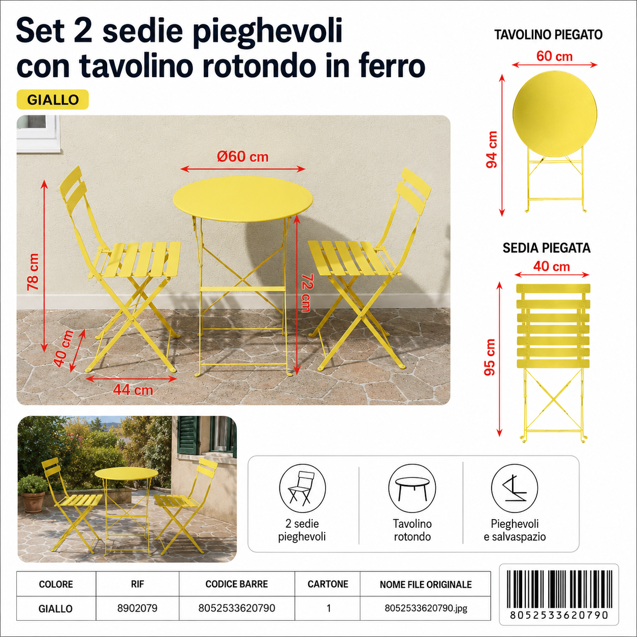 Set 2 Sedie Pieghevoli con Tavolino Rotondo in Ferro