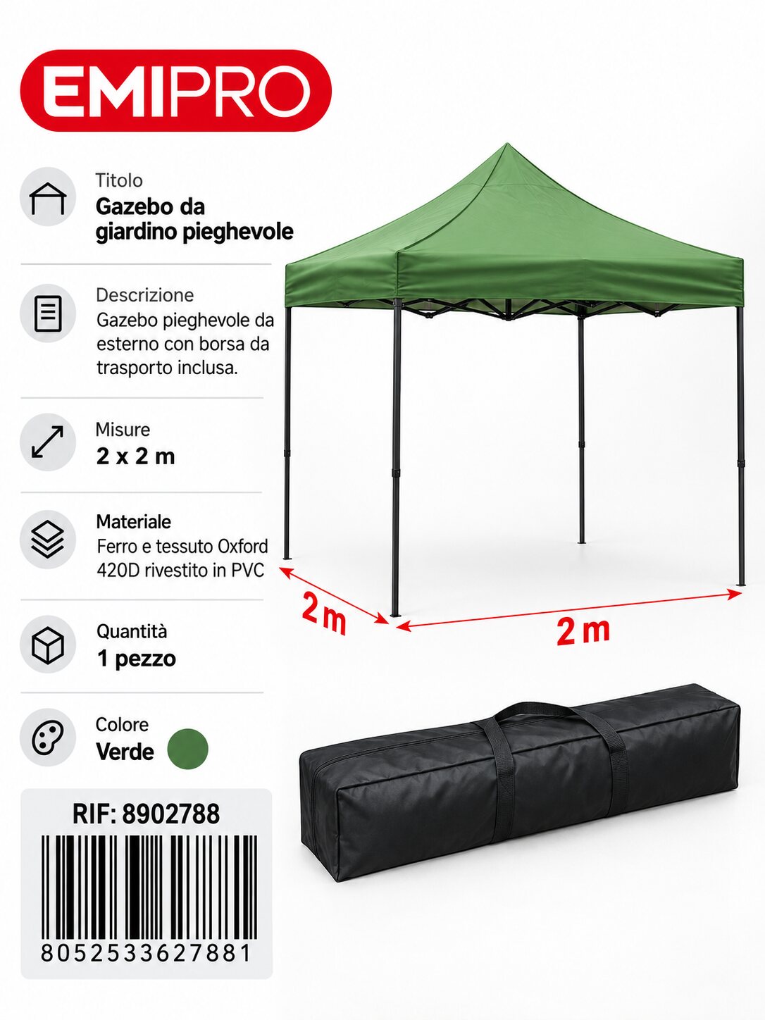 GAZEBO DA GIARDINO PIEGHEVOLE 2*2M