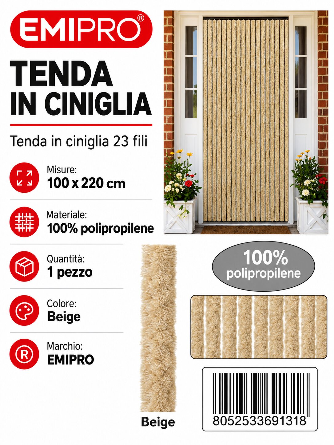 Tenda In Ciniglia Beige 100*220cm 23 Fili