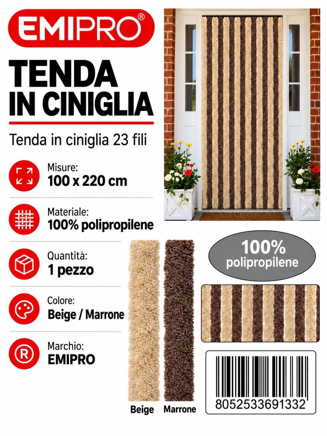 Tenda In Ciniglia Beige - Marrone 100*220cm 23 Fili