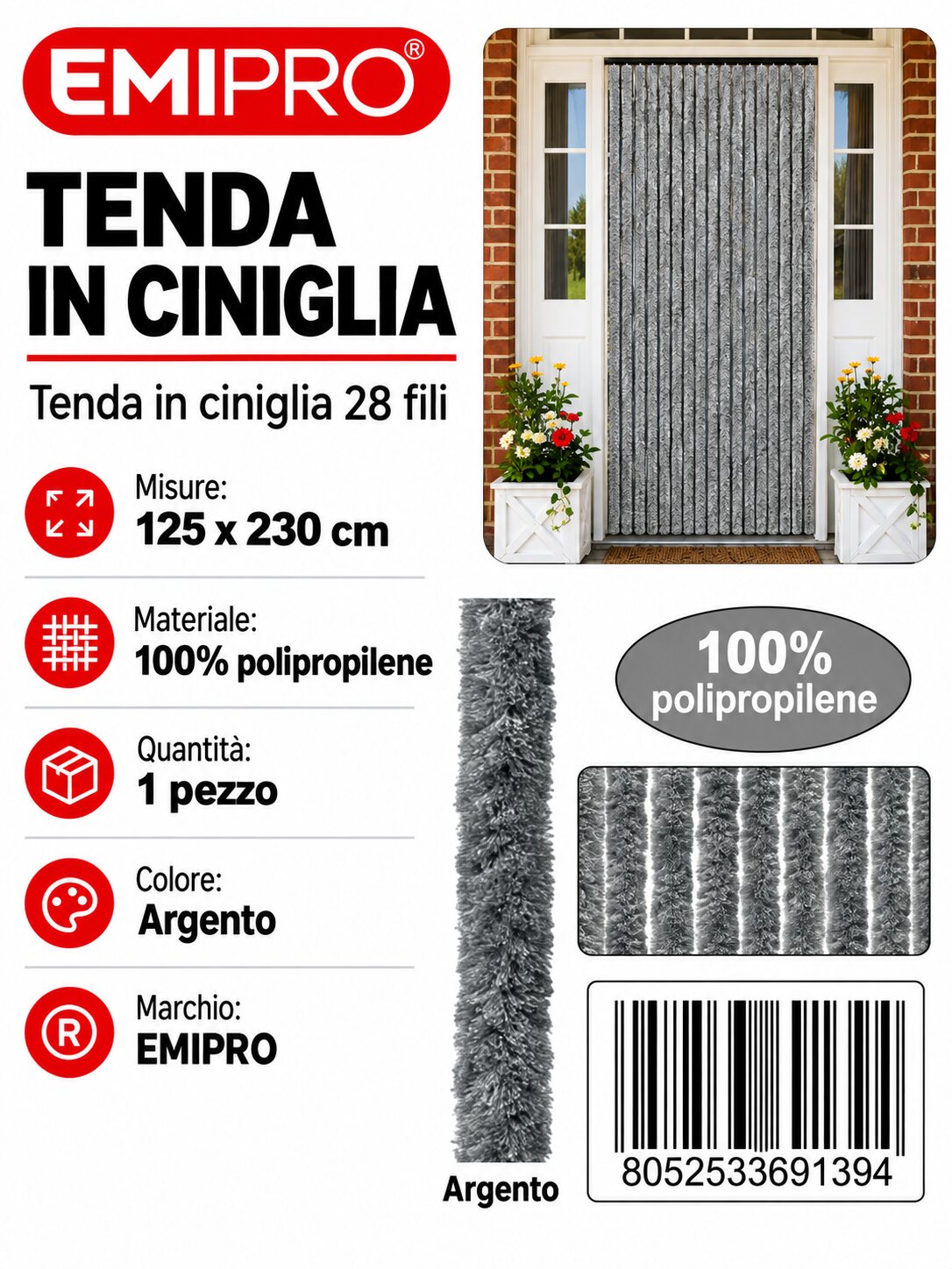 Tenda In Ciniglia Argento 125*230cm 28 Fili