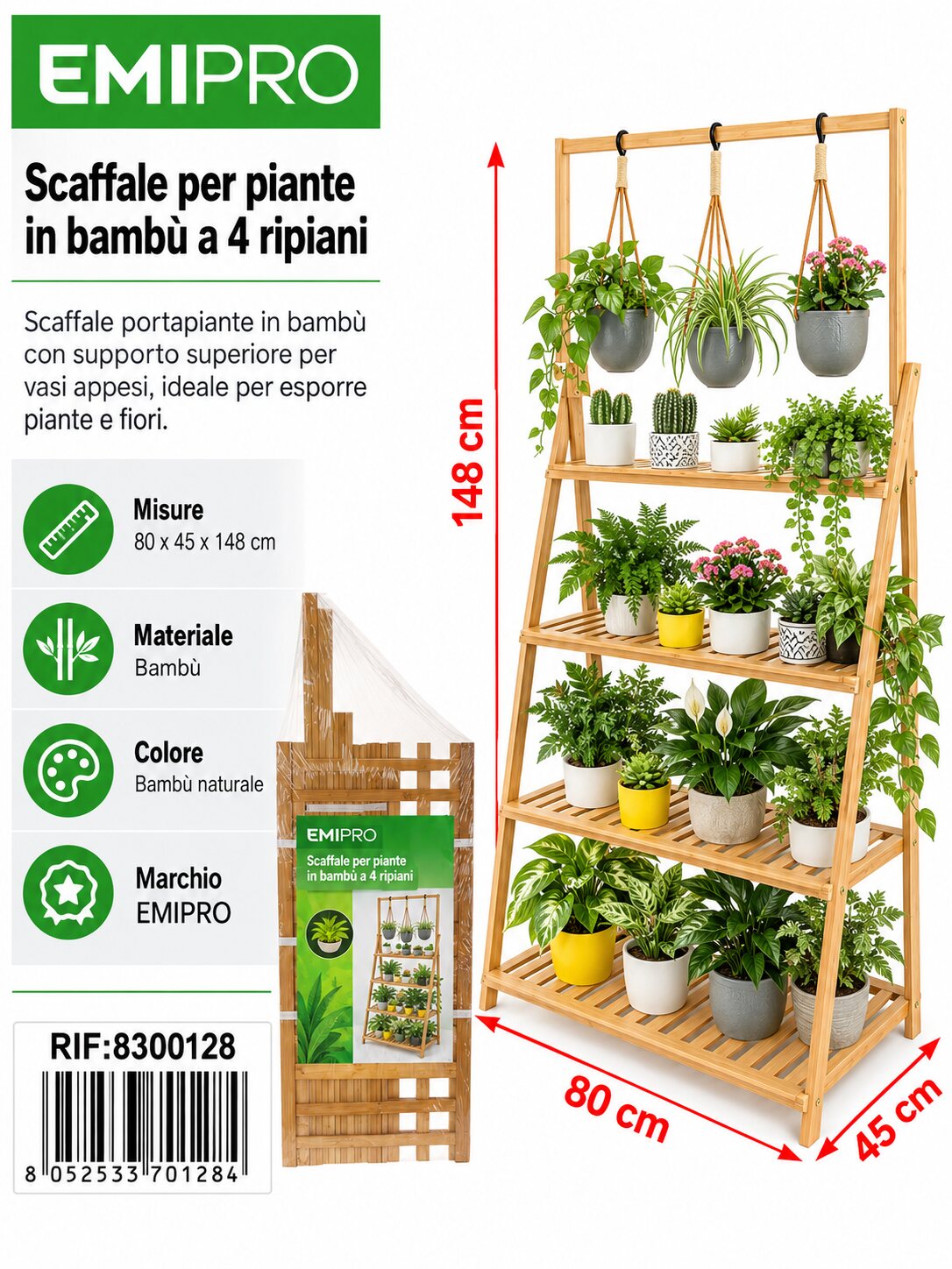SCAFFALE PER PIANTE IN BAMBU A 4 RIPIANI 80*45*148CM
