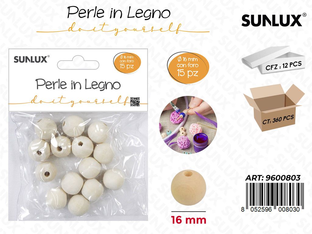 Sunlux Perle in Legno c/Foro 16MM 15PCS