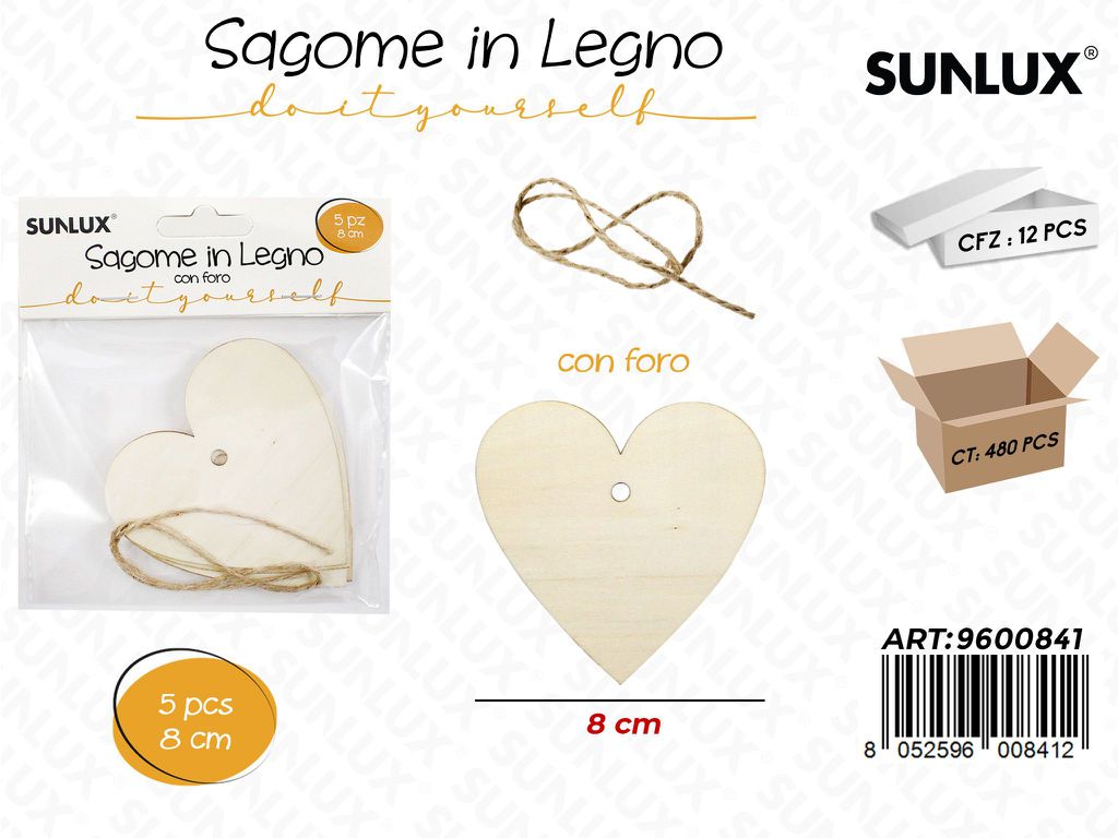 Sunlux Sagome in Legno Cuore c/ Foro 5PCS 8CM