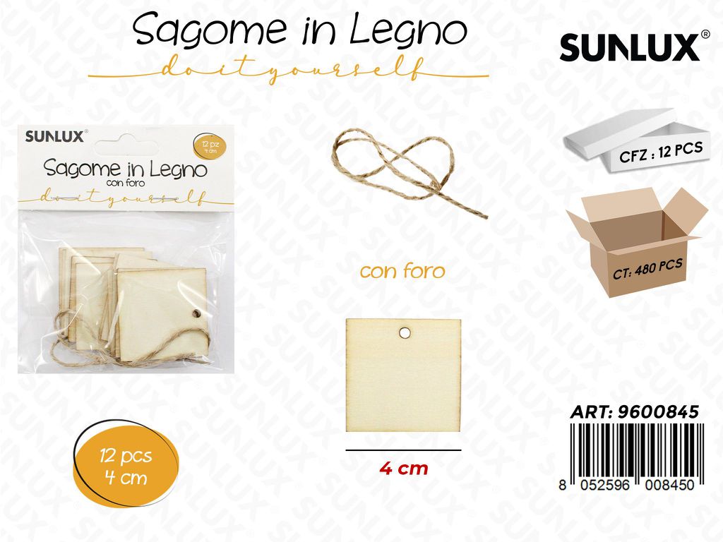 Sunlux Sagoma in Legno Quadrata c/Foro 12PCS 4CM
