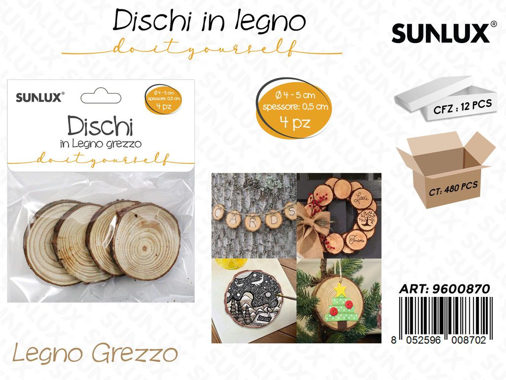 Sunlux Dischi in Legno Grezzo 4PCS D. 4-5*0.5CM