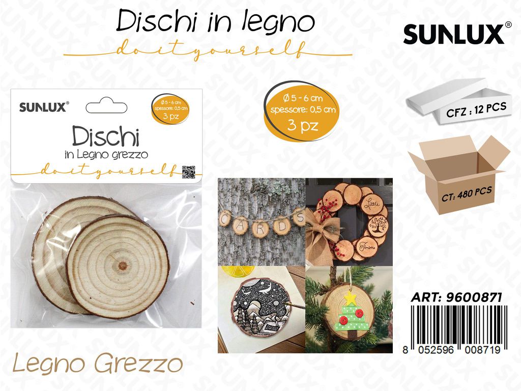 Sunlux Dischi in Legno Grezzo 3PCS D. 5-6*0.5CM