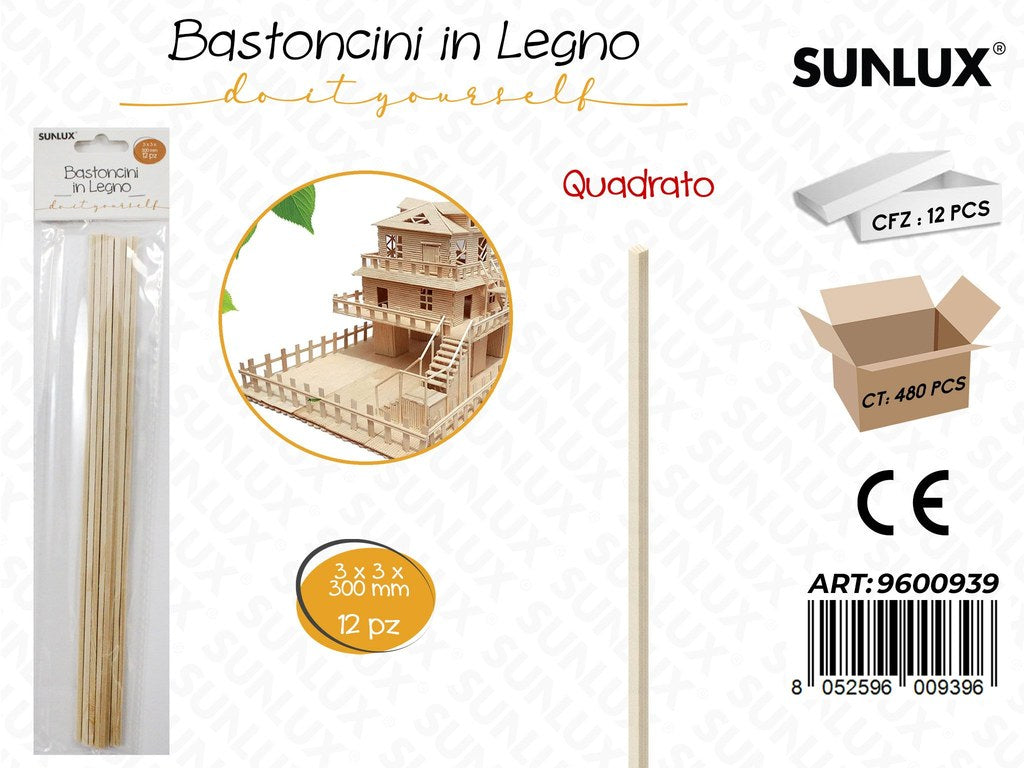 Sunlux Bastoncini Legno Quad. 12PCS 3*3*300MM
