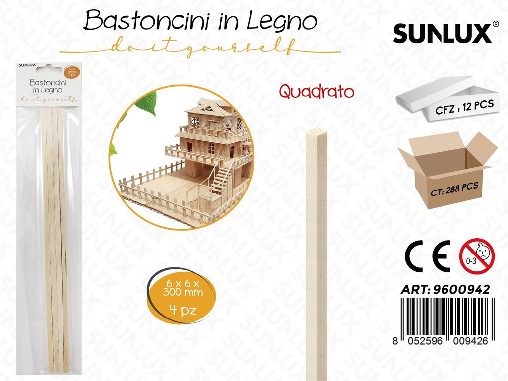 Sunlux Bastoncini Legno Quad. 4PCS 6*6*300MM