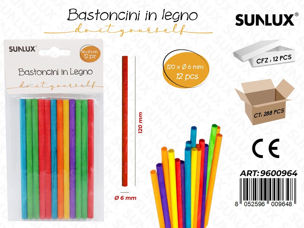 Sunlux Bastoncini in Legno Col. 12PCS D.6*120MM