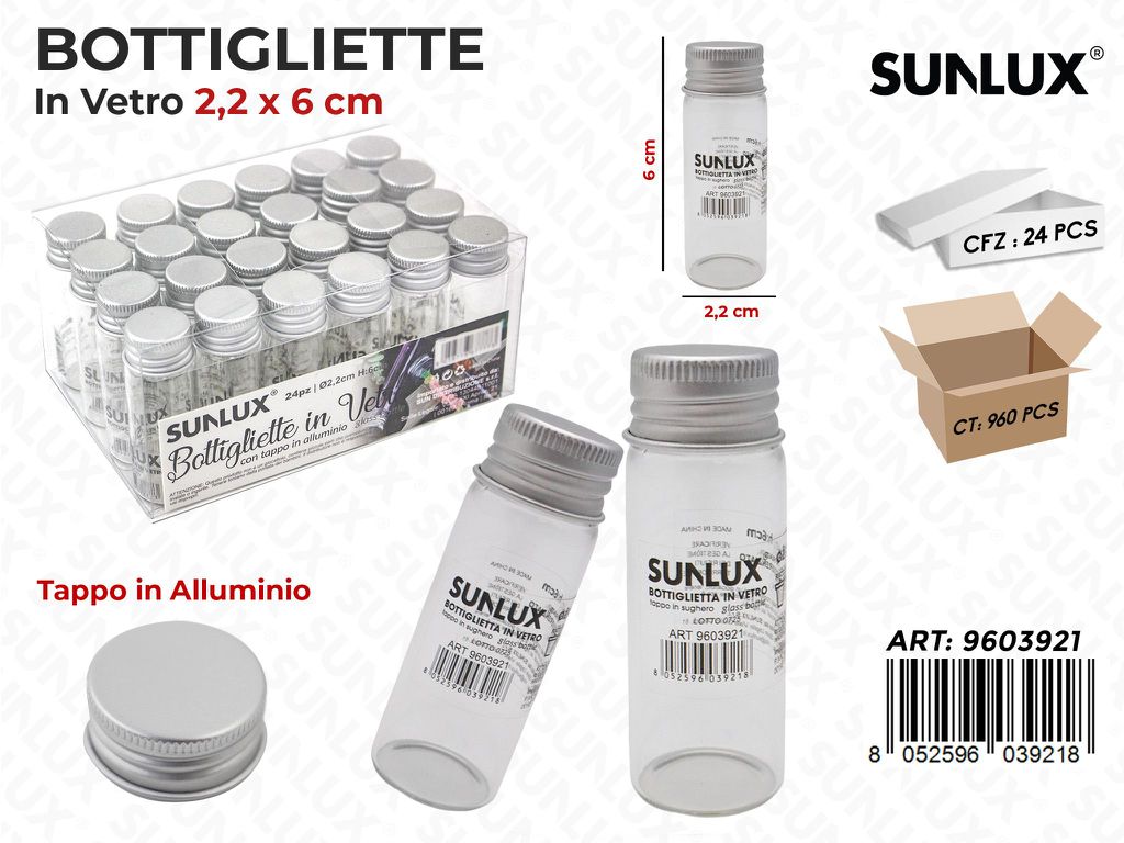 Sunlux Bottigliette Vetro c/Tappo Allum. 2.2*6CM