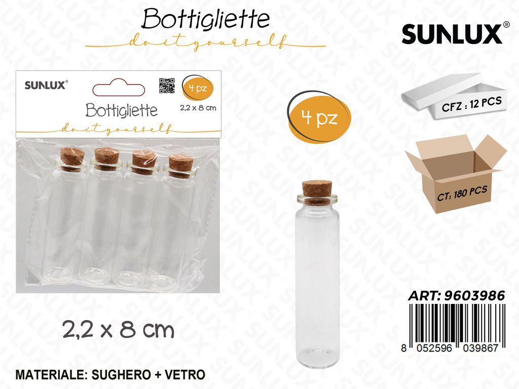 Sunlux Bottigliette in Vetro c/Tappo Sughero 4PCS 2.2*8CM